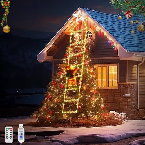 JIMACRO 2M/6.56FT Weihnachtsmann Leiter Lichterkette, 124LEDs Weihnachtsbeleuchtung Außen Mit 8 Modi, USB Weihnachtsmann mit Leiter für Innen Außen Fenster Garten Haus Wand