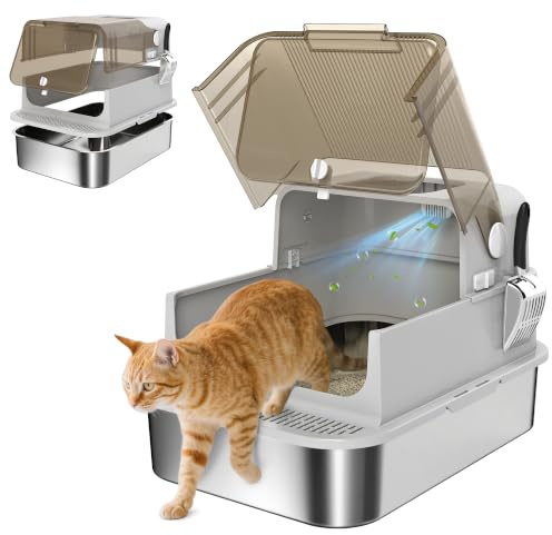 PawHut Arenero para Gatos de Acero Inoxidable XXL Tapa Abatible Gris | Caja de Arena para Gatos Grandes, Laterales Altos, Entrada Superior, Pala, sin Olores, Fácil de Limpiar, Antifugas