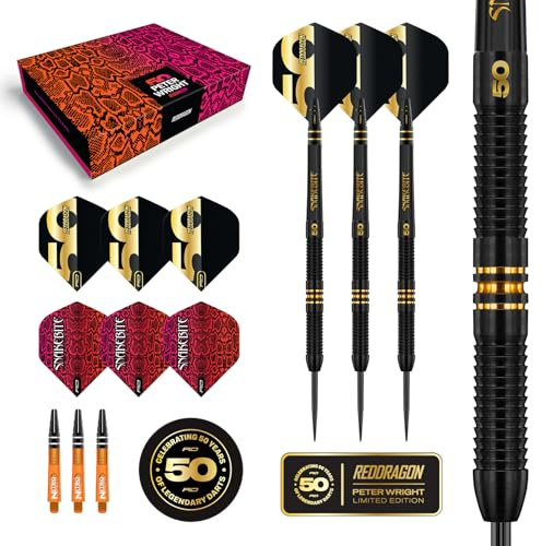RED DRAGON Darts - 50 Jahre Jubiläums Spieler Edition - 90% Wolfram - Profi dartpfeile metallspitze Satz - Enthält Steeldarts Pfeile Flüge und Dart Schäfte - Erhältlich in 21 g, 22 g und 23 g