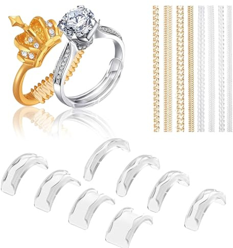 Lot de 16 Ajusteur de Bague Réducteur de Bague Invisible, Hommes et Femmes - Taille de Bague pour Bagues Lâches, Tailles Adaptateur Bague Trop Grande(8 ressorts + 8 patins)