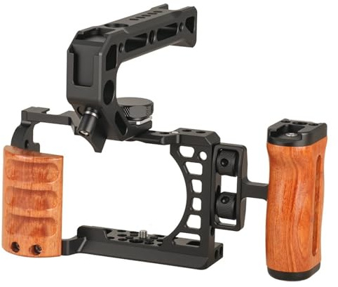 Kompatibel mit Sony Camera Cage Rig Stabilizer mit Holzgriff, Cold Shoe Mount und 1/4 3/8 Gewinde for A6000 A6100 A6300 A6400 DSLR-Halterung(ABC)