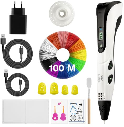 3D-Stift Inspire Labs, Kreativität und Spaß für Kinder und Erwachsene Mit Sicherem Abschalten, Silikonmatte, Automatischer/Manueller Modus, 100 M PLA-Filament (20 Farben) + Anleitung auf Deutsch