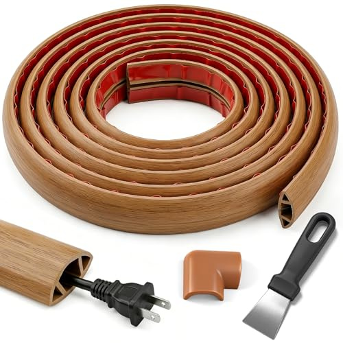 Cache-câble Sol Autocollant Effet Bois (3M) - Goulotte PVC Souple pour Cacher Câbles - Protection de Sol Anti-Trébuchement avec Embout d'angle et Grattoir pour Bureau et Maison
