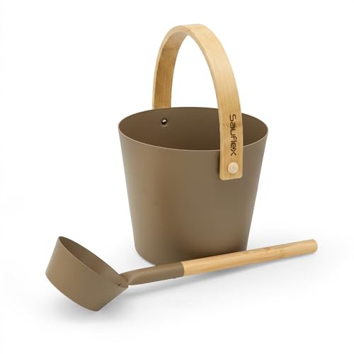 Sauflex Sauna Zubehör Set: 4L Aluminium Eimer und 42cm Kelle, Bambusgriffe (Taupe)