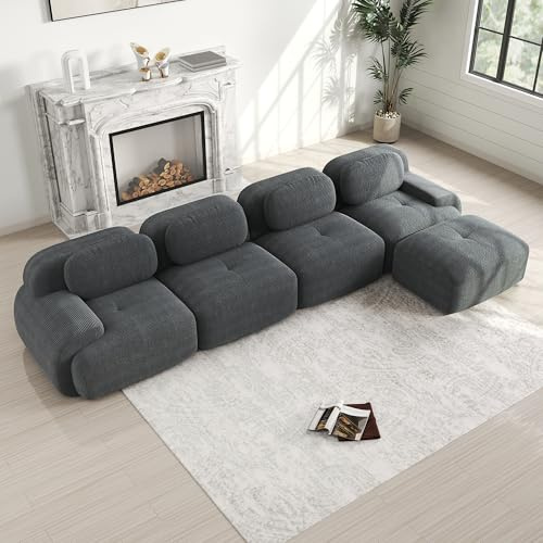 Luscriate Boneless L-Form Schlafsofa Modular – XXL Wohnlandschaft ohne Montage, Cloud Polstersofa aus Cord, weiche Couch mit Ottoman, Modern Grün 4Sitzer+1 (Grey, H-4S+1)