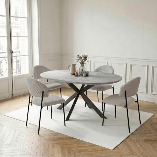 JIEXI Ausziehbarer runder Esstisch, dunkle Rhein-Holzmaserung, 110-150 cm, ausziehbar, Metallbeine, MDF-Tischplatte (Ausziehbarer Esstisch (110–150 cm) + 4 graue Cord-Esszimmerstühle)
