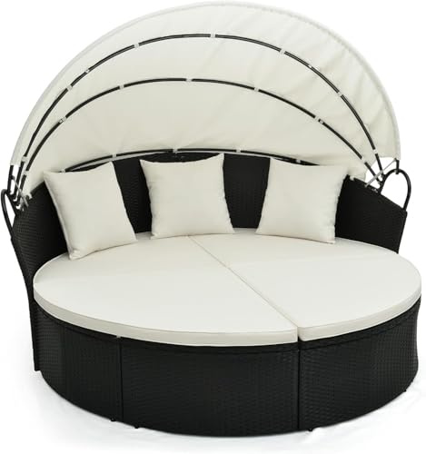 LIFEZEAL Sdraio da Giardino Doppia Esterno, Lettino da Sole Rotondo con Tetto, Divano-letto con Cuscino e 3 Cuscini, Portata 360kg, per Piscina, Terrazza, 187x180x157cm