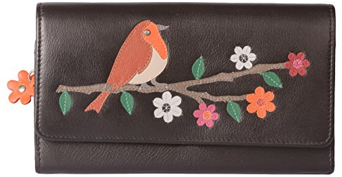 Mala Leather Cute Robin Black RFID Protected Flapover Purse – Luxury Leather, 13 Card Slots, 2 Slip Pockets, 1 ID Window, Gift Dustbag Included