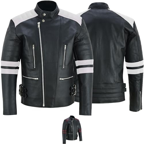 German Wear Leder Motorradjacke Oldschool Retro, Schwarz/Weiß