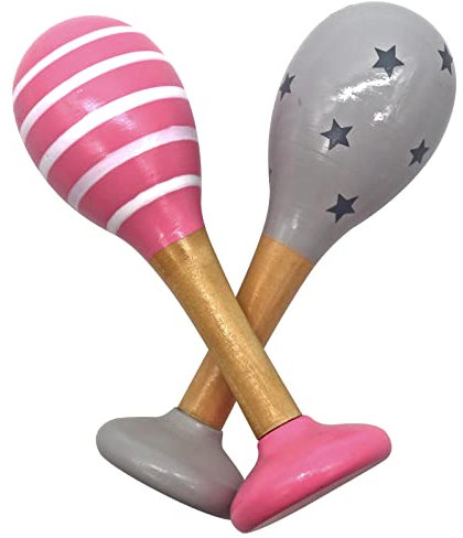 PREMYO Rassel Baby Musik Spielzeug - Holzspielzeug Maracas Babyspielzeug - Sterne Streifen Rosa Grau