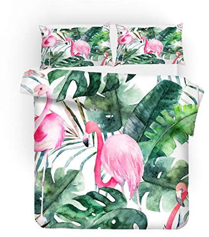 Parure de Lit Feuille Verte Tropicale Cactus Flamant Rose 3D Microfibre Housse de Couette Toucan Fleurs Motif Adulte Enfants Housse de Couette avec Taie d'oreiller (Multicolore 2, 220_x_240_cm)