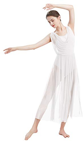FYMNSI Adult Women Lyrical Dance Costume Modern Contemporary Dancewear V-Neck Backless Split Mesh Tulle Long Skirt Flowy Overlay Dress Stage Performance Clothing