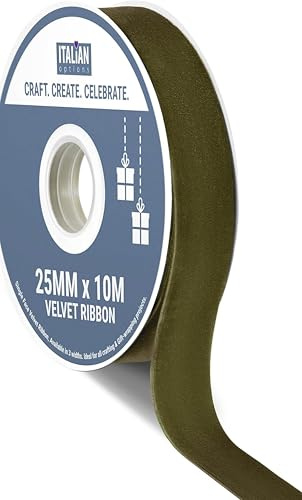Italian Options Velvet Ribbon, Luxury, Single-Face Velvet Ribbon for Crafting, Christmas, Bows, Hair, Cakes, Weddings, Ornaments, Gift Wrapping, Flowers, 25mm x 10 Metre Roll, Moss Green