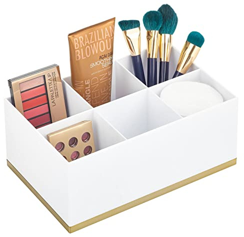 mDesign Make-up Organizer – ansteigende Make-up Aufbewahrung mit 6 Fächern aus Kunststoff – Schminkaufbewahrung für Lidschatten, Puder, Lipgloss etc. – weiß und messingfarben
