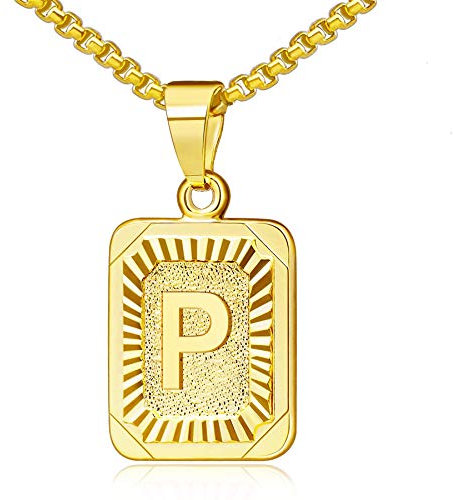 OIDEA Halskette mit Buchstabe P Gold: Unisex Charme Kette für Herren/Damen A-Z Buchstabe Anhänger Rechteck Dog Tag Kette aus Edelstahl Weizenkette Schmuck Geschenk für Männer Frauen