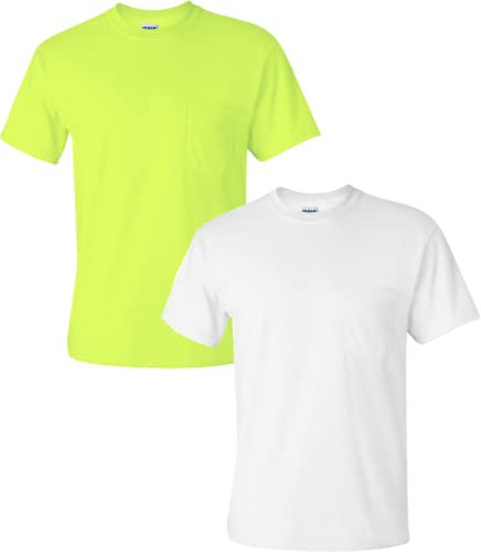 Gildan Men's Ultra Cotton Adult T/Shirt with Pocket, 2/Pack MED/Safetygreen/White, White