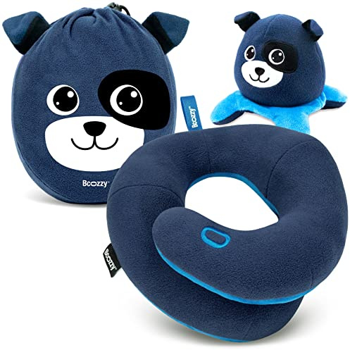 BCOZZY Kids Chin Supporting Travel Pillow for 3-7 Y/O- Stops the Head from Falling Forward- Comfortable Road Trip Essential. Soft, Washable, Small Size, Navy, Puppy Bag