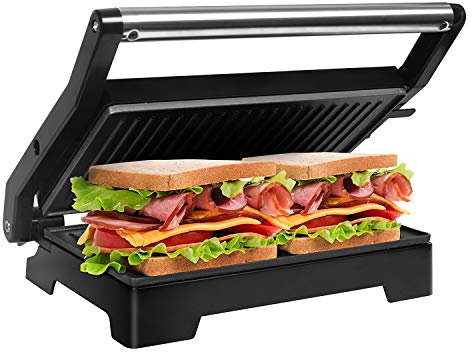 Gotoll Sandwichmaker Kontaktgrill 900W, Panini Maker, Sandwich Grill, geöffneter 180° Tischgrill, Antihaftbeschichtet, Cool Touch-Griff, Klein - Grillfläche 23x15 cm