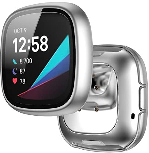 Miimall Kompatibel mit Fitbit Versa 3 / Sense Hülle mit Glas Displayschutz, Ultradünne PC Schutzhülle Vollschutz Kratzfest Displayschutzfolie Schutz Case für Fitbit Versa 3 / Sense - Silber