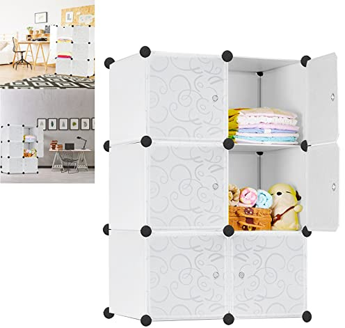 YARDIN Kleiderschrank DIY Plastik Regalsystem Kunststoff-Garderobe mit Hängefläche Garderobenschrank mit Tür, 6 Fächer(105x70x35cm Weiß)