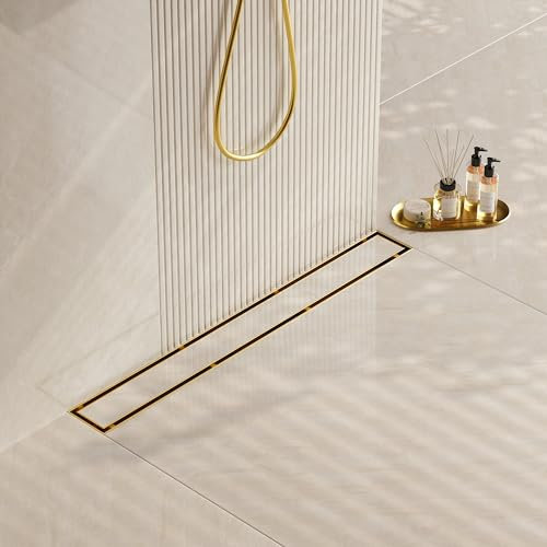 Neodrain 40-Inch Gold Linear Shower Drain, 2-in-1 Flat & Tile Insert Cover, Stainless Steel Linear Drain, Brushed Brass Rectangle Shower Floor Drain with Hair Strainer, Watermark&CUPC Certified