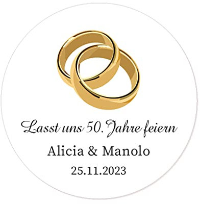 50 PERSONALISIERT Goldene Hochzeit Aufkleber, Goldene Ringe 40mm Runde Hochzeitsaufkleber Etiketten für Hochzeit,Gastgeschenk,50 Jahre Hochzeitstagfeier,Tüten,Flaschen - Rd 010 (003)