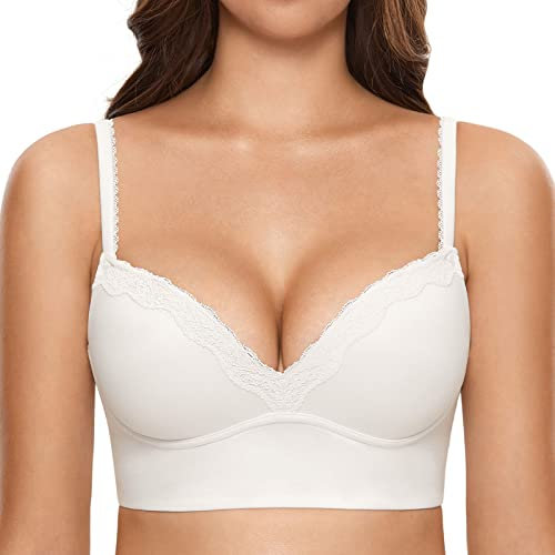 DOBREVA Push Up BH Damen ohne Bügel Soft Gepolstert Bügelloser Bralette mit Spitze Weiss 90C