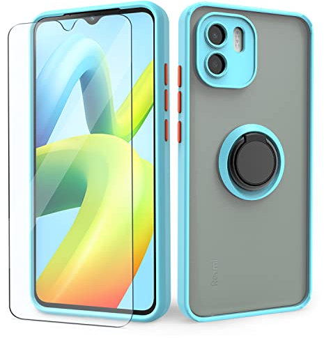 SMYTU Hülle mit Schutzfolie für Xiaomi Redmi A2 / A1 4G,Ultra Slim Silikon TPU mit Half Transparent PC Backcover Bumper Handyhülle,360 Grad Ring Halter Ständer Case Cover Schutzhülle - Blau