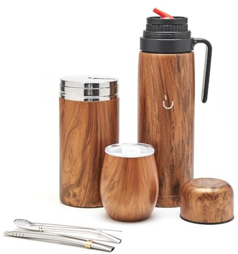 BALIBETOV Kit de Mate Argentino - Calabaza Mate Moderna, Termo Mate, Contenedor para Yerba Mate (Yerbero), Bombilla (Sorbete) y Cepillo de limpieza - Acero inoxidable 304 18/8 (Madera)