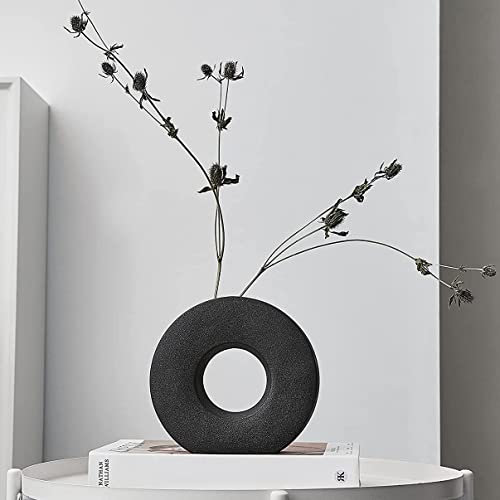 XIUWOUG Runde Keramik Vase Schwarz,Donut Vase für Pampasgras,Moderne Kreative Deko Vase,Boho Tischvasen,Schwarz