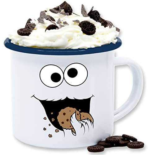Emaille Tasse Blechtasse - Karneval & Fasching - Tassen - Keks Monster I Krümelmonster I Cookie Monster - 300 ml - Weiß Blau - fasching- auge carnevale kekz karnevals keke faschings kekse carnival