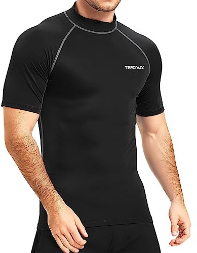 TERODACO Rash Vest Mens Short Sleeve UV 50+ Swimming Shirts for Men Compression Sweat Wicking Rash Guard Mens Base Layer for Wetsuit Diving Surfing,Quick Dry Lightweight Stretchy 222 Black Grey L