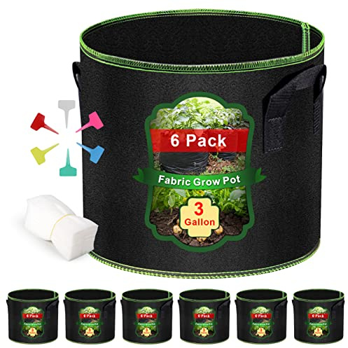 MEKOLIFE 6-Pack 3 Gallon Grow Bags, Garden Planting Bags with Handles, Thickened Nonwoven Fabric Plant Pots Growing Bags Come with 6 PCS Plant Labels and 50 PCS Nursery Bags