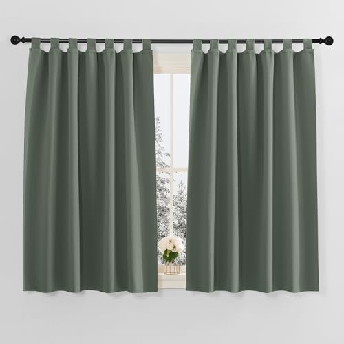 PONY DANCE Kurze Gardinen Kinderzimmer Fenstergardinen mit Schlaufen Vorhang Kälteschutz Verdunklungsvorhänge Blickdichte Vorhänge Graugrün Schlaufenschal 2er Set H 145 x B 140 cm