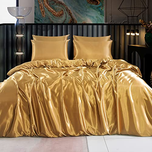 ROOEE Set completo di biancheria da letto in raso di seta, 6 pezzi, lenzuolo con angoli, copripiumino, 4 federe. Colore: oro opaco. Dimensioni: matrimoniale