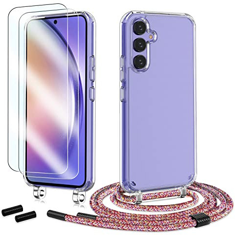 Anshow Handykette für Samsung Galaxy A54 5G Hülle mit Band + 2 Schutzfolie, Robust Necklace Extrem Stoßfest Handyhülle Samsung A54 5G Case Transparent Schutzhülle zum Umhängeband Abnehmbar, Regenbogen