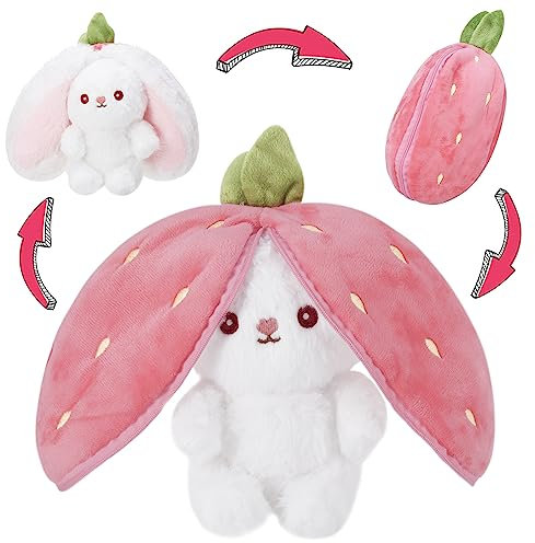 Heyu-Lotus Hasen Verstecken,Gefülltes Kaninchen mit Karotten und Erdbeeren, 24cm Hasen Verstecken Und Suchen,Karotten-Erdbeer-Häschen-Kissen, gefülltes Hasentier mit Karotte für Kinder