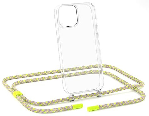 ZhinkArts - Chaîne de téléphone portable compatible avec iPhone 13 Pro Max - Étui de protection à suspendre - Cordon amovible - Collier - Transparent - Fluo - Vert