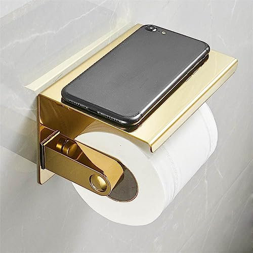 Toilettenpapierhalter für eine Rolle mit Telefonregal, wandmontierter Edelstahl-Taschentuchspender für das Badezimmer (Gold)