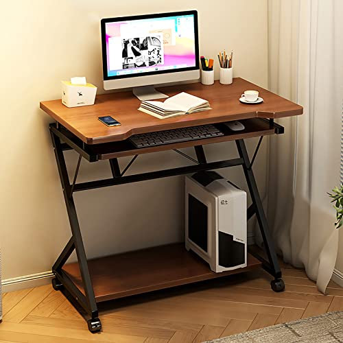 EnixWh Portable Rolling Computer Desk with Wheels,Modern Simple Home Office Gaming Desk Study Table with Storage and Under Desk Keyboard Tray for Small Spaces, Brown