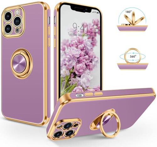 SouliGo Compatible with iPhone 15 Pro Case 360° Ring Holder Kickstand Magnetic Car Mount Slim Luxury Plating Soft TPU Anti-Scratch Protective Bumper Cover, Lilac Purple