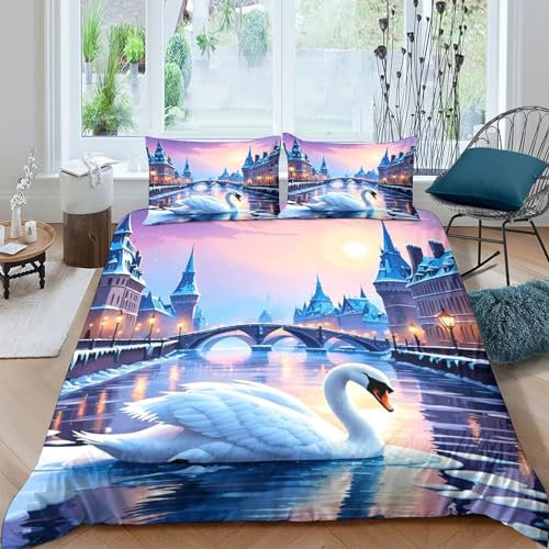 EsaSam Bettwäsche-Set Bettbezug Schwan 3D, Mikrofaser-Bettwäsche Superweicher, Atmungsaktiver Bettbezug. (Double(200x200cm))