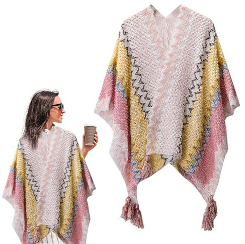 WOBBLO Wickeltuch für Damen – Vintage-Poncho, Boho, Cardigan, Oversize, für Damen, Reise-Schal, Ethno-Stil, offen auf der Vorderseite, Rosa, Gelb und Weiß (geringes Gewicht: über 300, 1