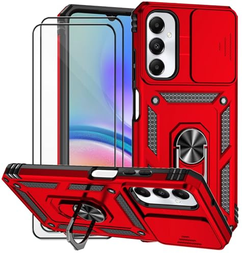 Dechyi Coque pour Samsung Galaxy A05s avec Verre TrempéLentille Coulissante Couverture Support d’Anneau Rotatif Armor Silicone Étui Antichoc Housse Bumper- Rouge