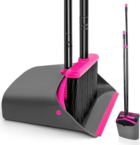 JEHONN Recogedor Plegable y Escoba de Mango Largo de 137 cm, Cepillo Barrer y Recogedor Vertical con Peine Dientes para Interior Casa Cocina Vestíbulo Jardín Oficina Habitación (Rojo Rosa)