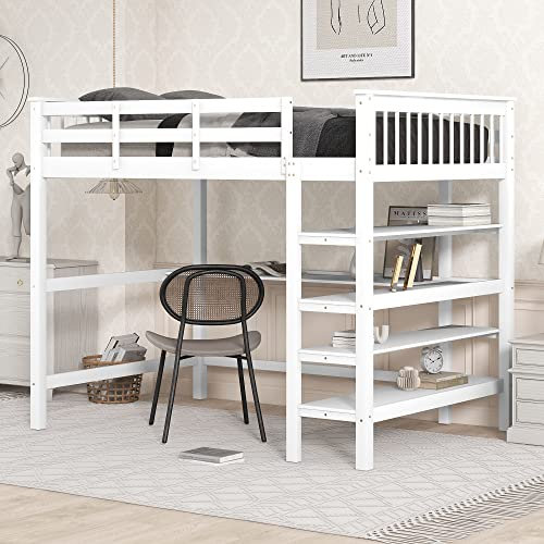 Hochbett 140 x 200 mit Ablagefächern und einem integrierten Schreibtisch, Kinderbett mit Lattenrost und Stauraum, Funktionsbett Jugendbett mit Rausfallschutz, Bettgestell aus Holz, ohne Matratze,Weiß