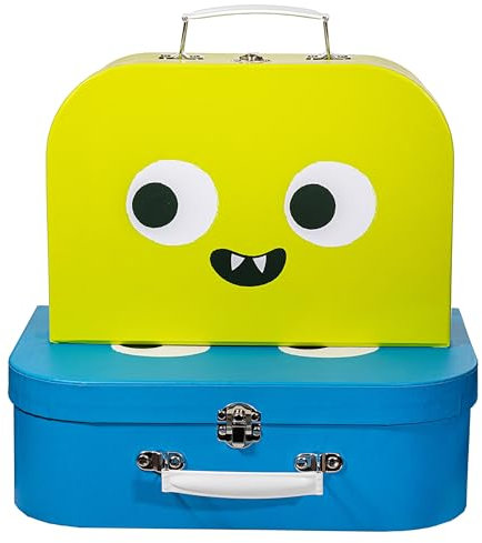 Sass & Belle Monster Suitcases – Set of 2 Colourful Kids Storage Boxes with Fun Monster Design, Stackable Cardboard Suitcases with Handles for Toys, Crafts, Travel or Bedroom Organisation