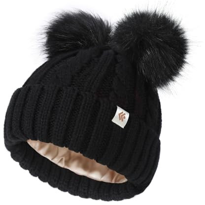 Creekstone Bommelmütze Damen Mit Satin gefütterte Wintermütze, warme Beanie Hat Strickmützen mit Kunstfell-Doppel-Pom (DE/NL/SE/PL, Alphanumerisch, Einheitsgröße, Schwarz)