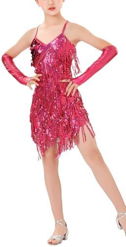 AIEOE Ragazze Abito da Ballo Latino Abito da Ballo Paillettes Body Ginnastica Saggio Dancewear 10-11 Anni Rosa