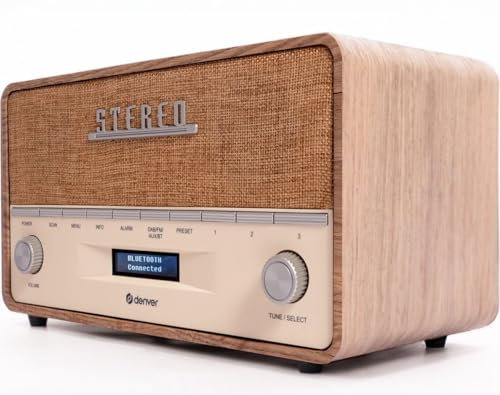 Denver DAB-36 Large Vintage Style DAB/DAB+ & FM Radio – Bluetooth – High Contrast Large Screen - AUX In – Clock & Dual Alarm – Real Wood Cabinet – 2x5W – Mains or Battery